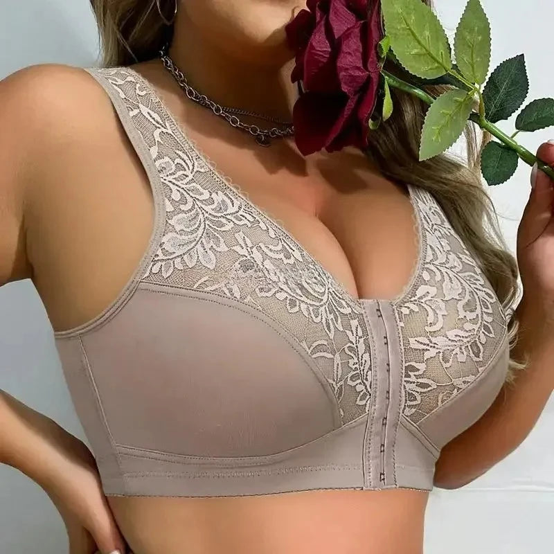 Plus Size Minimizer Bra 5XL Wireless Front Closure, Full Cup Unlined Floral Lace Non-Padded Comfort Support for Large Bust