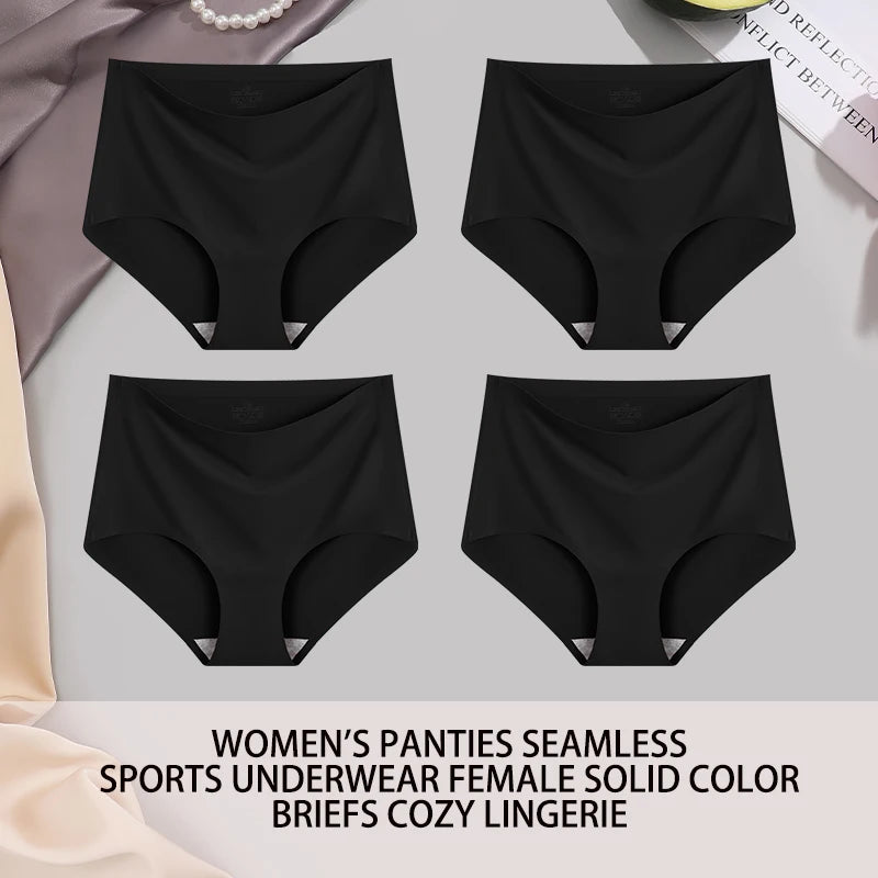 4PCS/SET Plus Size Underwear Women's Panties Ice Silk Solid Color Ladies Seamless Underpants High Waist Sexy Breathable Lingerie