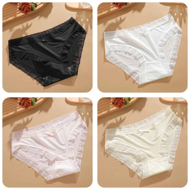 4Pcs Ice Silk Lace Panties Seamless Soild Underwear For Women Sexy Ultra-thin Breathable Briefs Girls Soft Transparent Lingerie