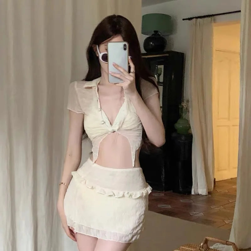 Women's French Style 3 Piece Bikini Set Tummy Cover Swimsuit Slimming Bathing Suit Hot Spring Modest Yet Sexy Swimwear