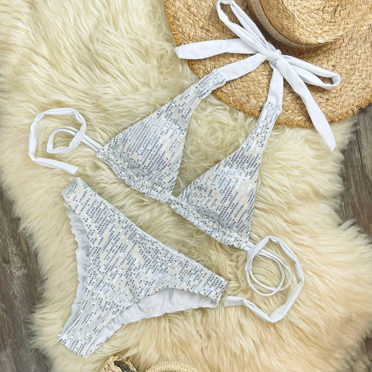 Melphieer Women's Sequins Sparkle Bikini Set Strappy Bandage Ruching Bum Two Piece Swimsuit for Beach Pool Club Holiday Outfits