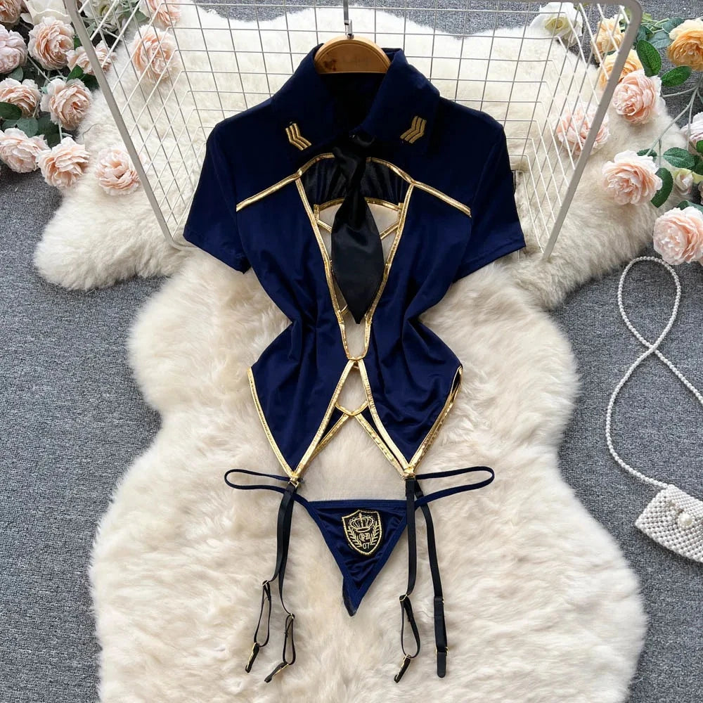 Women Strap Hollow Out Backless French Style Striped Erotic Playsuits Cosplay Slim Fit Underwear Black Lingerie Sexy Bodysuits