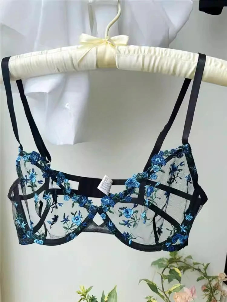 YUQI French Style Luxury Lingerie-Floral Embroidery Black Sheer Bra Set, Sensual Women's Intimates Elegant Transparent Underwear
