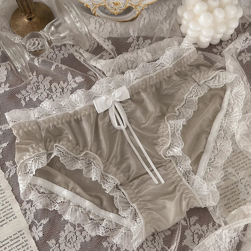Luxury Satin Transparent High Elasticity Sexy Mesh Lace Hollow Bow Underwear Cute Lovely Sweety Smooth Soft Panties Breathable