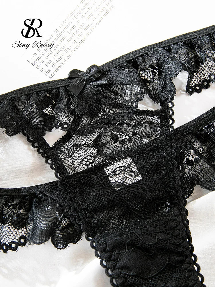 SINGREINY Hotsweet Lace Night Underwear Suits Women Strap Sheer Mesh Bra+Ruffles Thongs 2025 Erotic Lingerie Two Pieces Sets