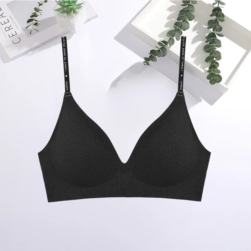 FINETOO Women Sexy Seamless Bras Deep V Neck Bralette Sexy Lingerie Letter Strap Tops Push Up Underwear Wireless Brassiere Lady