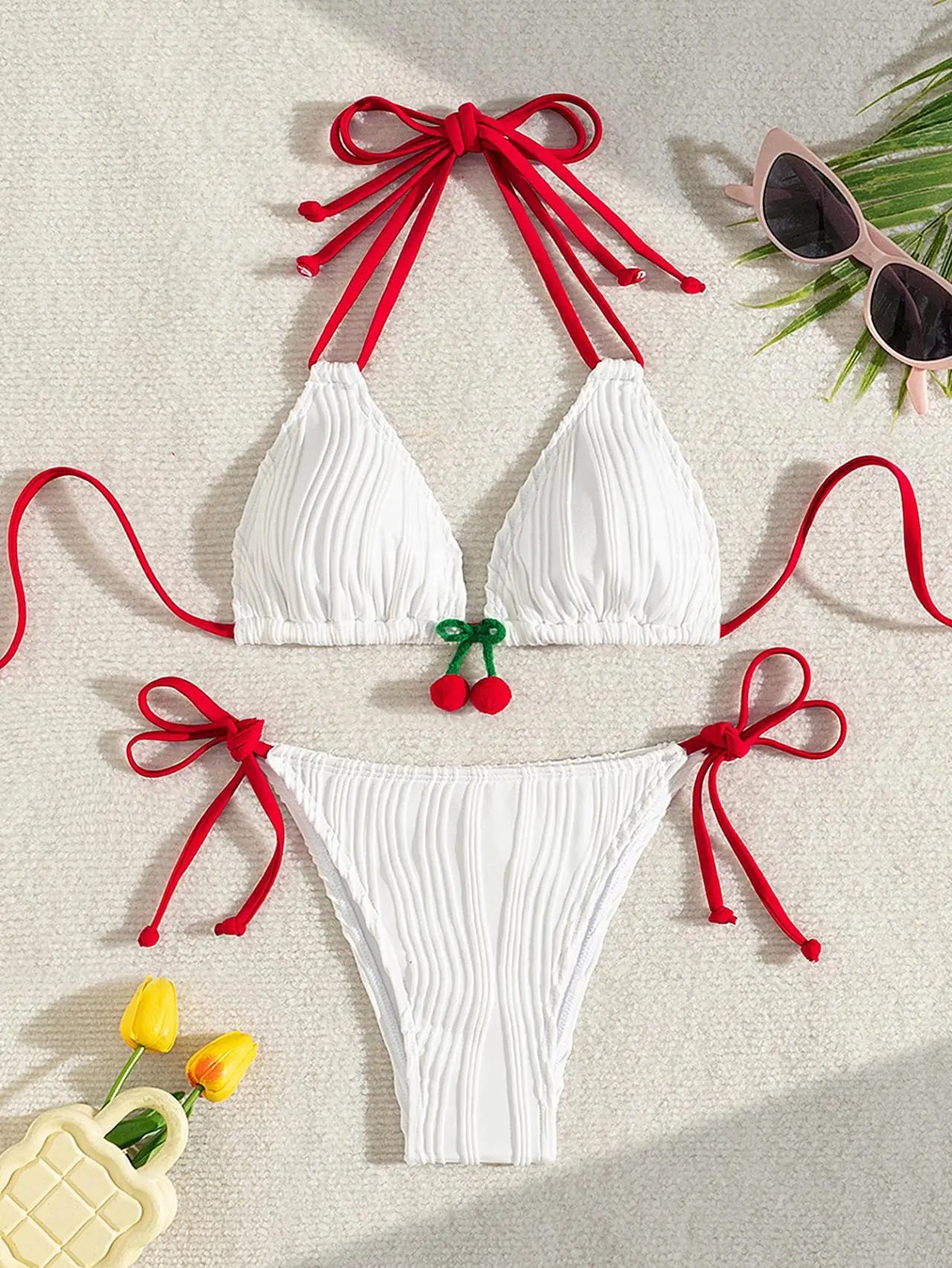 Sexy White Cherry Bikini Set 2025 Women Red Strap Contrast Ribbed Push Up Micro Swimwear Brazilian Beach Bathing Suit Swimsuit