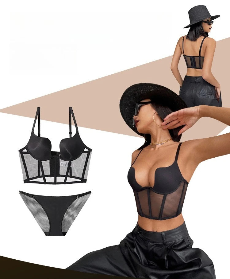 Women Push Up Bra Sets Transparent Lingerie Sexy Shaper Bra Beauty Back Comfortable Underwear Adult's Fishbone Gauze Bralette