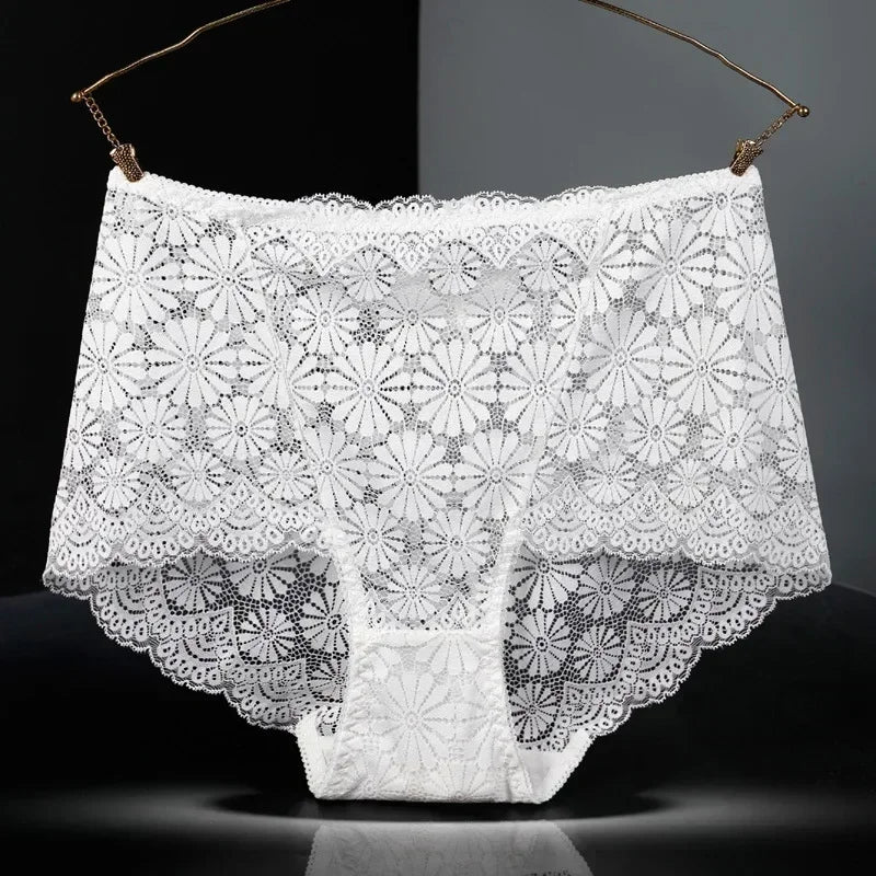 1Pc Fashion Women High Waist Plus Size Panties Lace Mesh Floral Transparent Briefs Underwear Solid Seamless Underpants Lingerie
