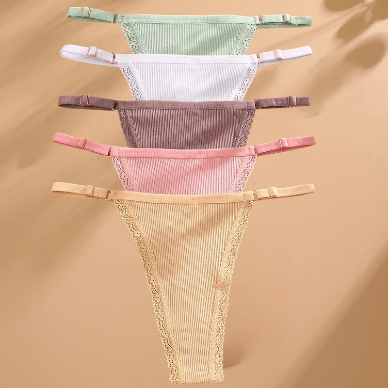 5PCS/Set Cotton Panties Sexy G-String Women's Underwear T-Back Lingerie Femme Underpants Briefs Adjustable Waist Thong Intimates