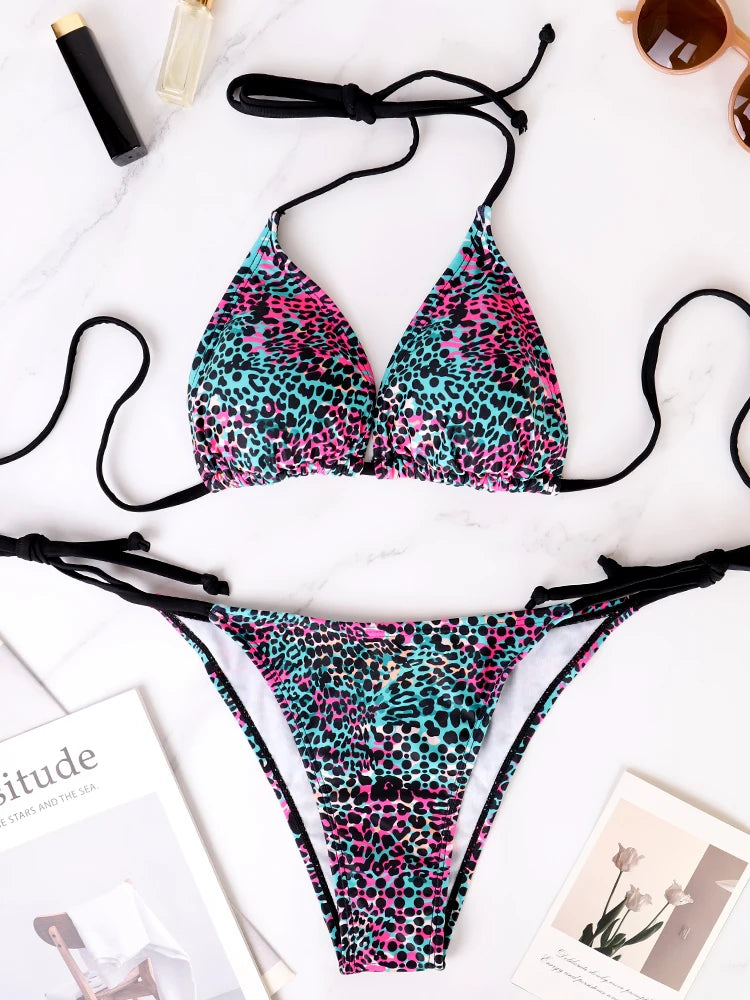 Two-Piece Women's Split Bikini Set Summer Strappy And Lace-Up Colorful Polka Dot Printed Lady's Bikini Beach Vacation Swimsuit