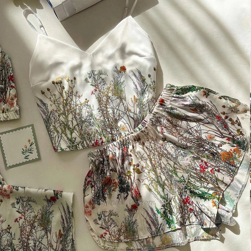 New Satin Silk Pajamas Set for Women Flower Print Sleepwear Sexy V-neck Sleeveless Top Nightwear Pijamas Home Clothes Loungewear