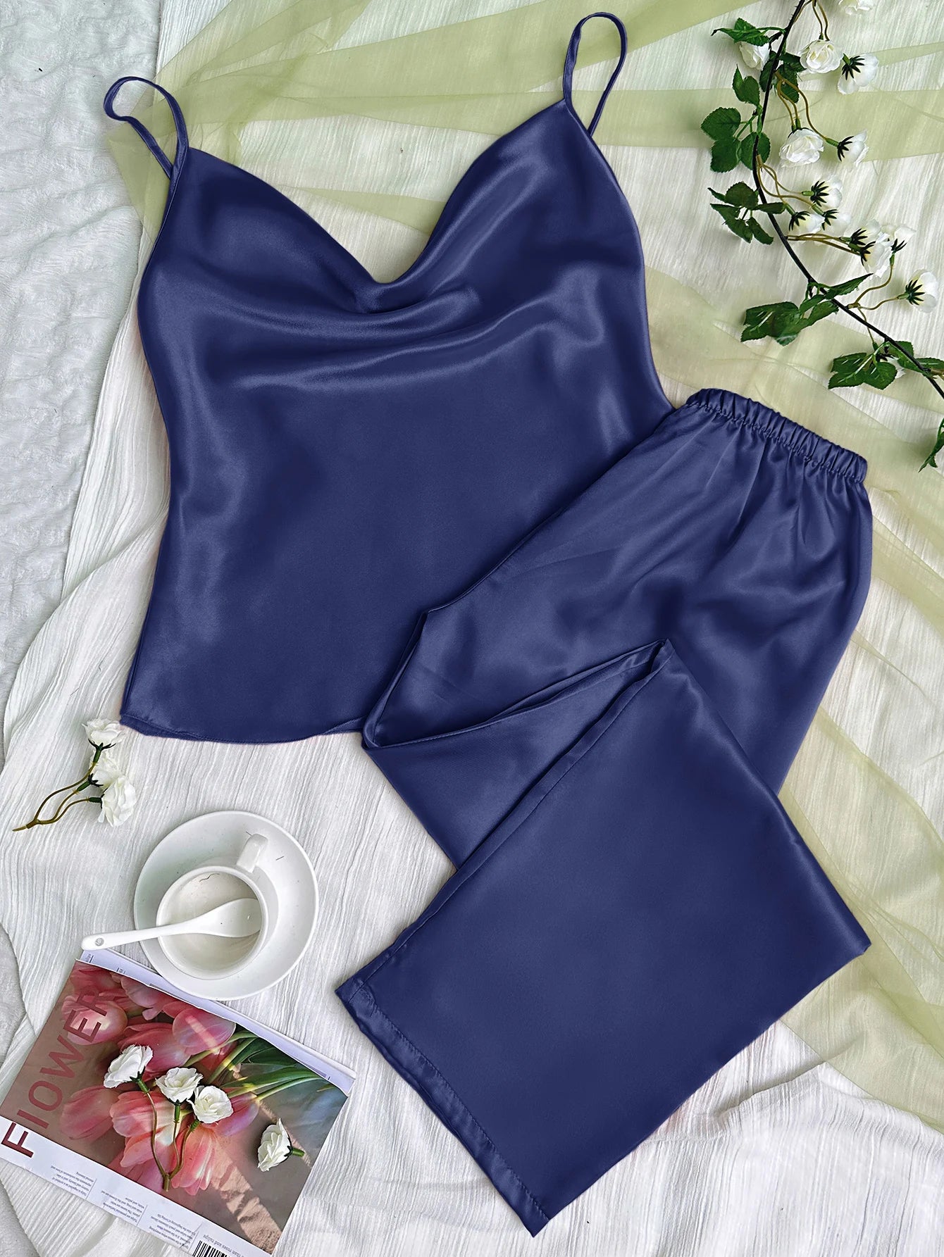 Solid Satin Pajama Set Draped Collar Cami Top Elastic Waistband Pants Women's Sleepwear Loungewear
