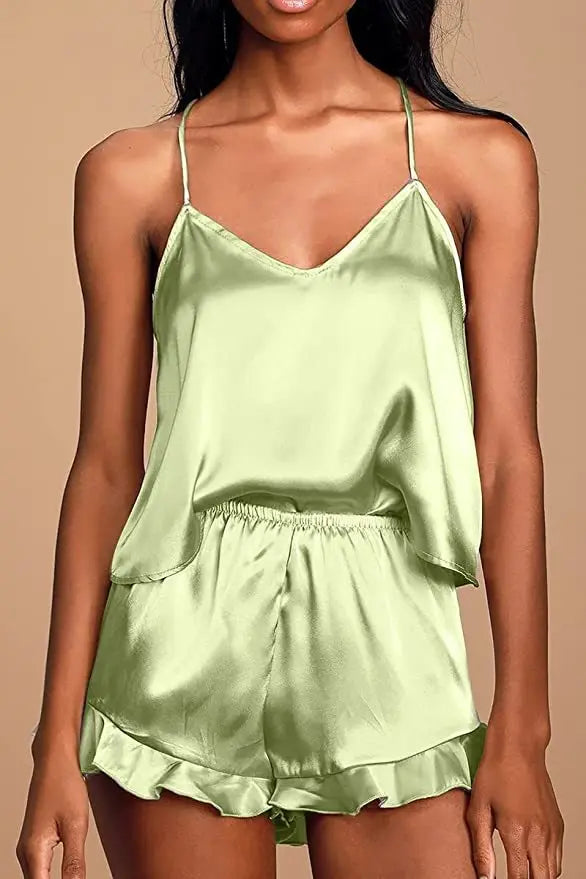 Sexy Silk Satin Pajama Set for Women – V-Neck Cami Top and Ruffled Shorts Bridal Lingerie, Perfect for Nightwear