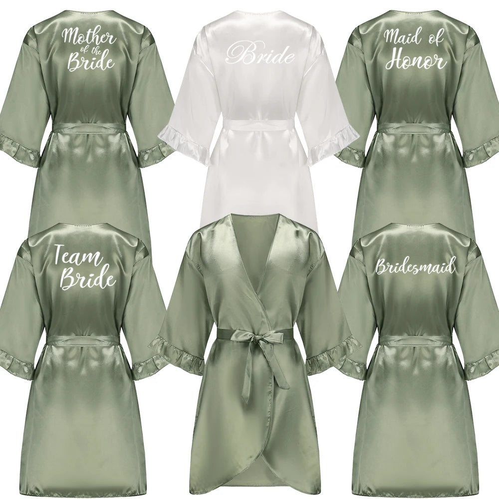 Grass Green Bride Satin-Silk Robe Women Bridal Party Sister Team Mother Shower Gift Bridesmaid Wedding Short Robes with Ruffle