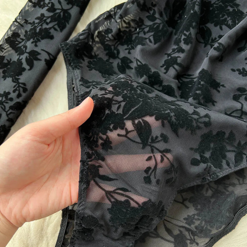 Women's Sexy Lace Bodysuit Flocked Print Sheer Mesh Leotard Long Sleeve See Through Jumpsuit Clubwear Lingerie for Valentine Par