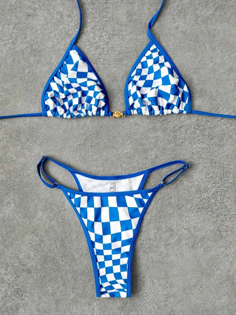 Sexy Swimsuit 2026 New Micro Bikini Women Plaid Swimwear Gold Ring High Leg Two Piece Bathing Suit Strappy Beachwear Biquini
