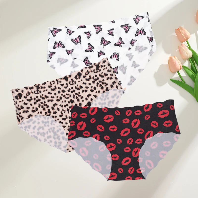 FINETOO 3Pcs Seamless Print Underwear for Women Sexy Leopard Butterfly Briefs Female Ice Silk Panties Comfortable Lingerie S-XXL
