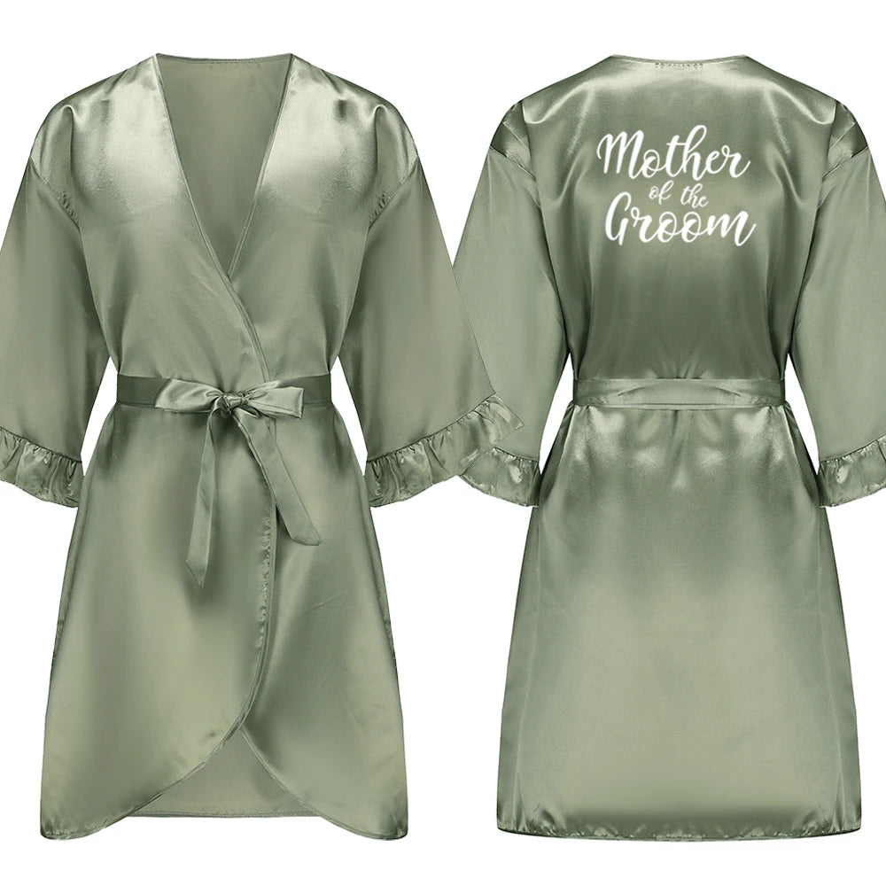 Grass Green Bride Satin-Silk Robe Women Bridal Party Sister Team Mother Shower Gift Bridesmaid Wedding Short Robes with Ruffle