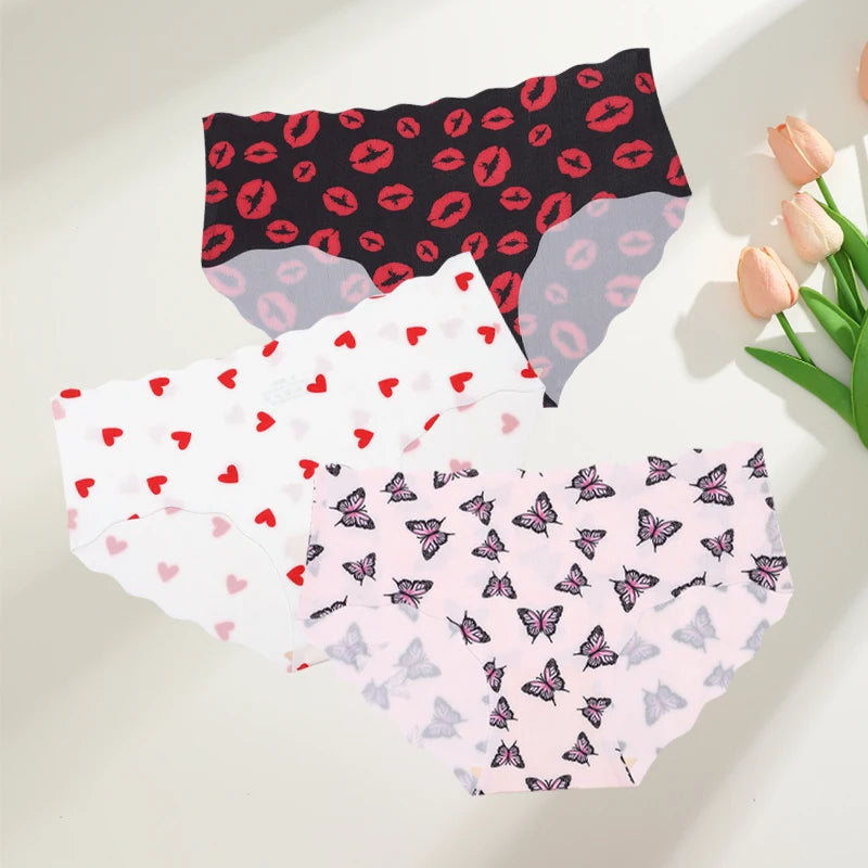 FINETOO 3Pcs Seamless Print Underwear for Women Sexy Leopard Butterfly Briefs Female Ice Silk Panties Comfortable Lingerie S-XXL