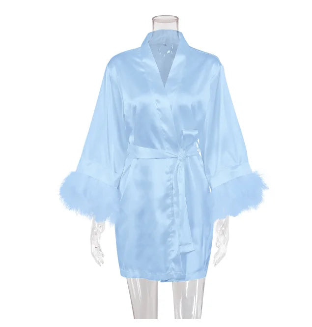 White Bride Wedding Robe with Feathers Women Satin Peignoir Sexy Bridesmids Kimono Gowns Short Bathrobe Bridal Intimate Lingerie