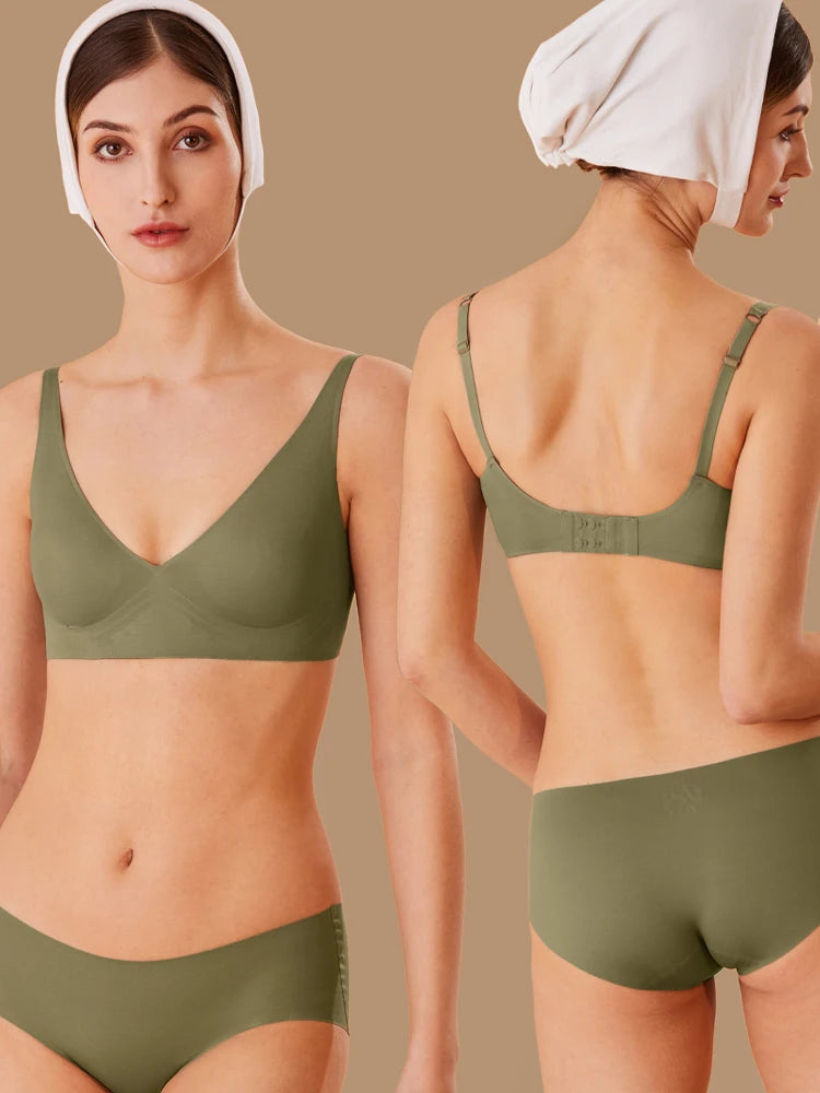One-piece Seamless Bra Women Wireless Push Up Underwear Sexy Deep V Padded Bralette Female Comfortable Gather Lingerie Sleepwear