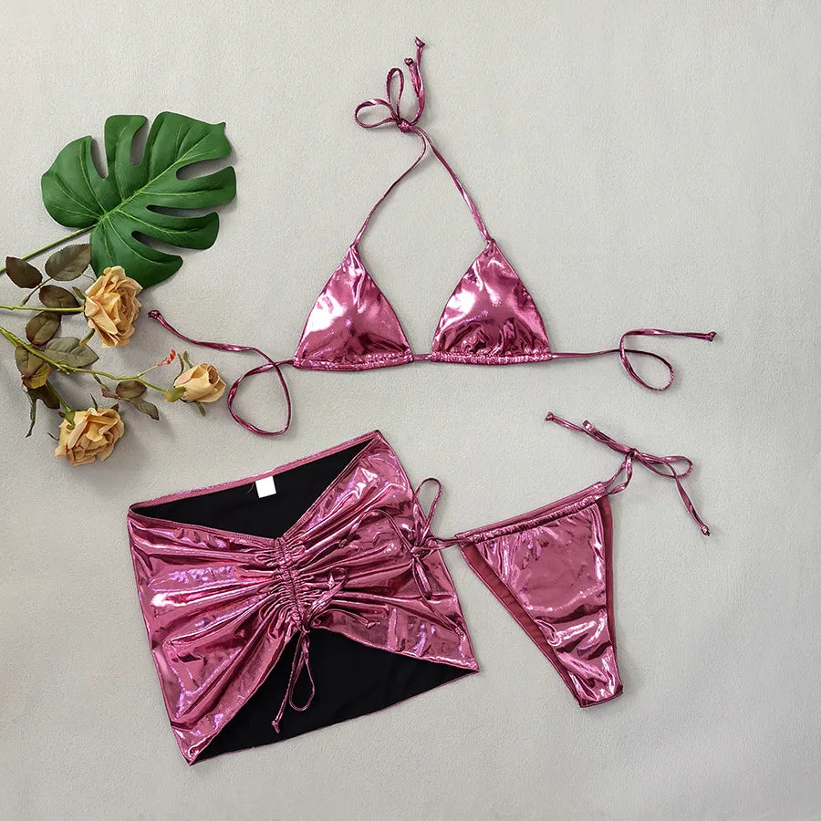 Shiny Golden Silver 3 Piece Bikini Set with Cover Up Sexy Micro Thong Swimsuit Women 2025 Drawstring Halter Swimwear Beachwear