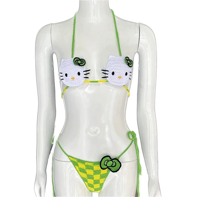 Sanrio Cute Bikini Set Crochet Girls Swimsuit Hello Kitty Sexy Bathing Suit Kwaii Women Swim Suit Bandage Micro Bikinis Swimwear