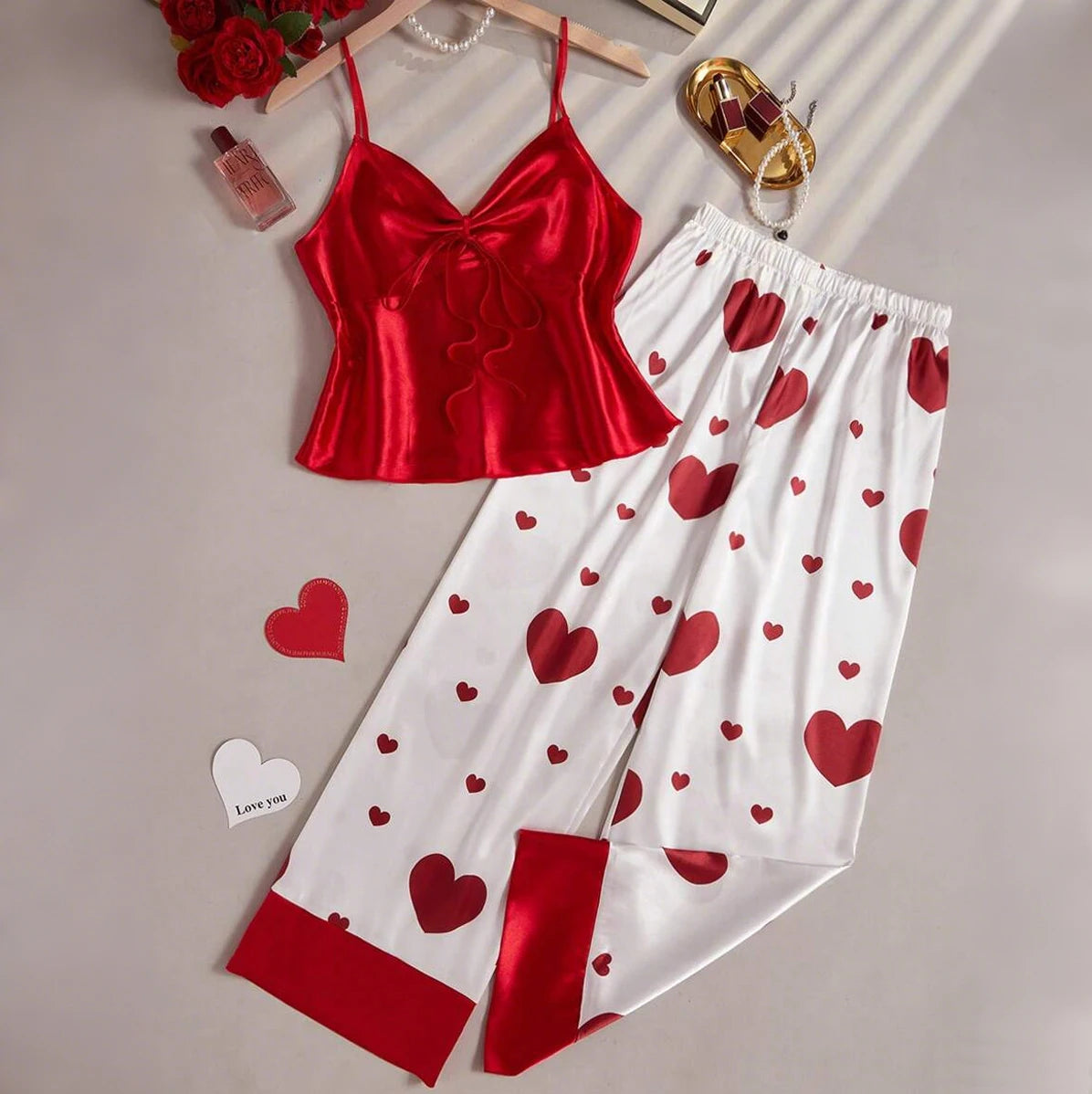 Women Satin Silk Pajamas Sets 2pcs Camisole Top With Tie Knot Heart Print Wide Leg Pants Sleepwear Ladie Sexy Lingerie Pyjamas