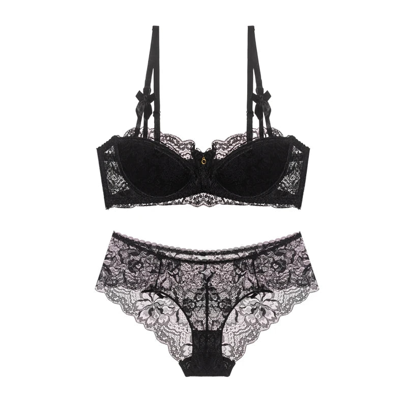 Victorian Style French Lace Lingerie Set Small Boobs, Anti Sagging Thin Half Cup Push Up Bra Wireless Comfort for Women Elegant