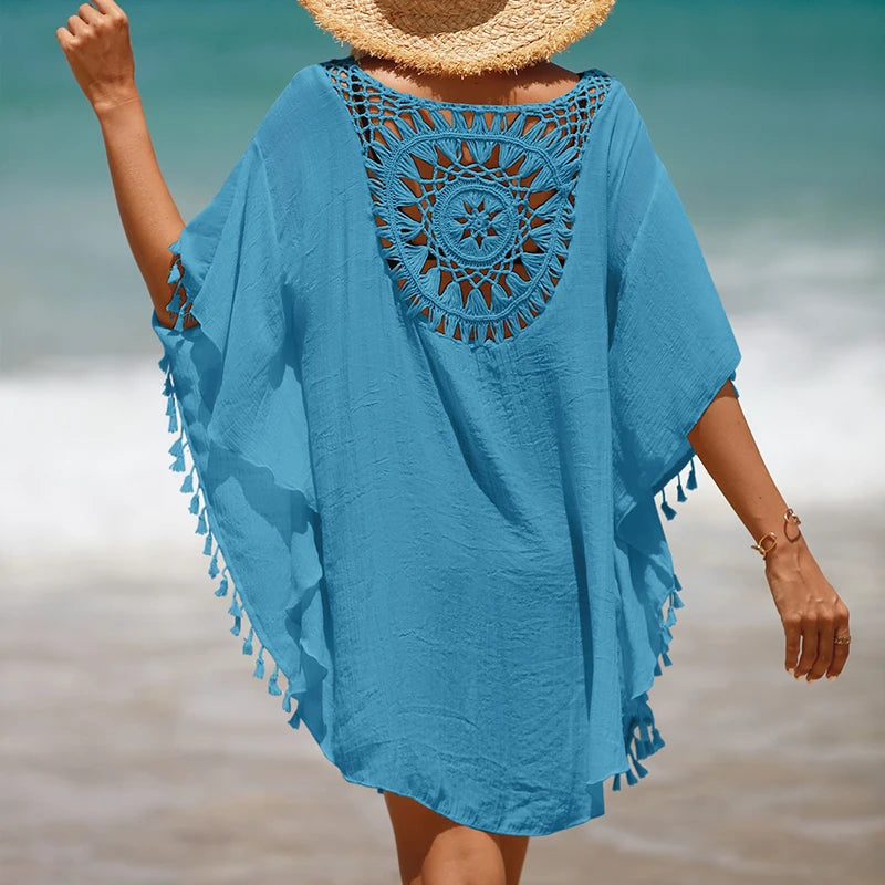 Holiday Knitting Crochet Beach Short Cover Ups Dress Splicing Solid Color Beachwear Small Tassel Sunscreen Sexy Beach Smock