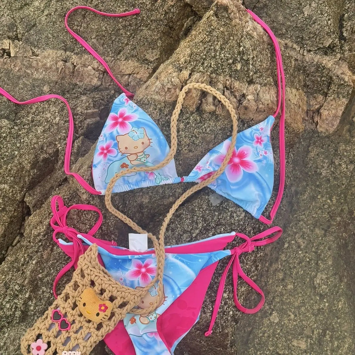 Kawaii Japanese Kitty Hot Girl Split Strap Summer Bikini Girls Seaside Fashion Resort Swimsuit Leopard Print Cartoon Hello Kitty