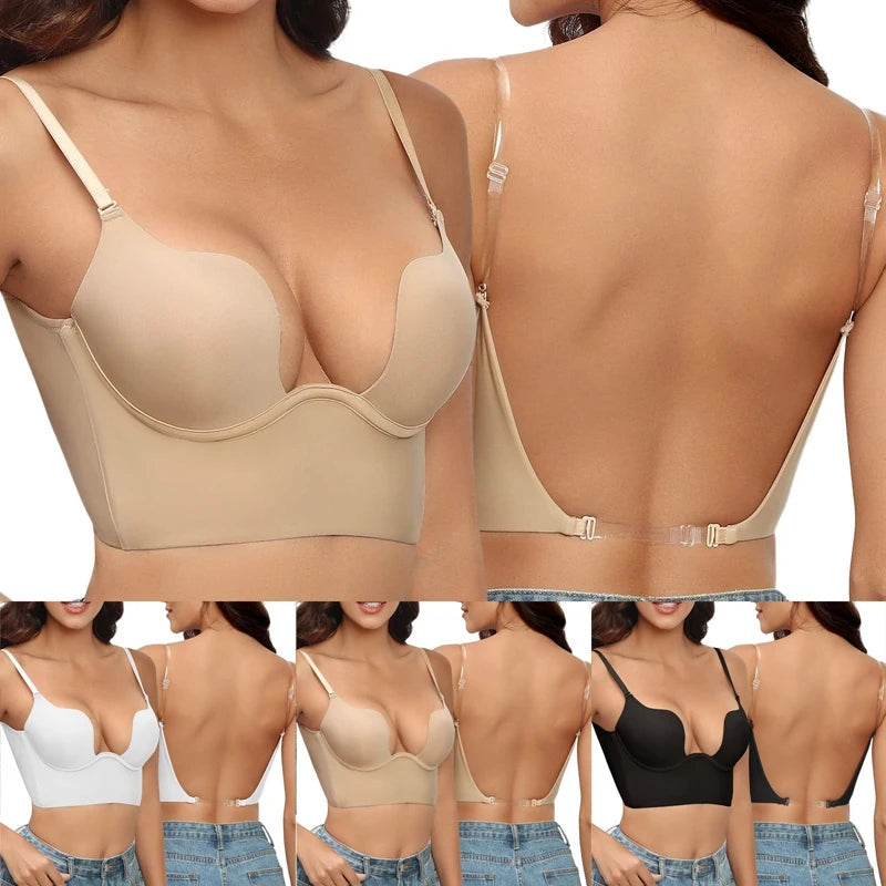 Women Invisible Bra Deep U Plunge Bras Backless Top for Dresses Sexy Lingerie with Transparent Strap Push Up Strapless Underwear