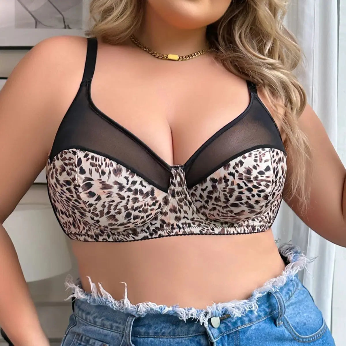 Plus Size Underwire Bra Leopard Print Full Coverage Wire Support Push Up Comfortable Lingerie for Big Women 1XL-4XL