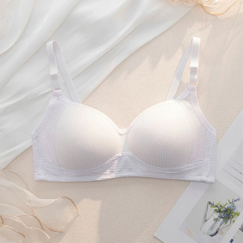 Full Cotton No Steel Ring Bra for Women Summer Breathable Light Color Plus Size Bras Girls Gathered Chest Lift Fashion Underwear