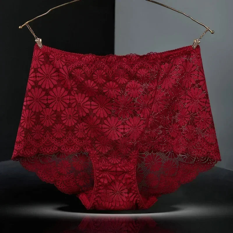 1Pc Fashion Women High Waist Plus Size Panties Lace Mesh Floral Transparent Briefs Underwear Solid Seamless Underpants Lingerie
