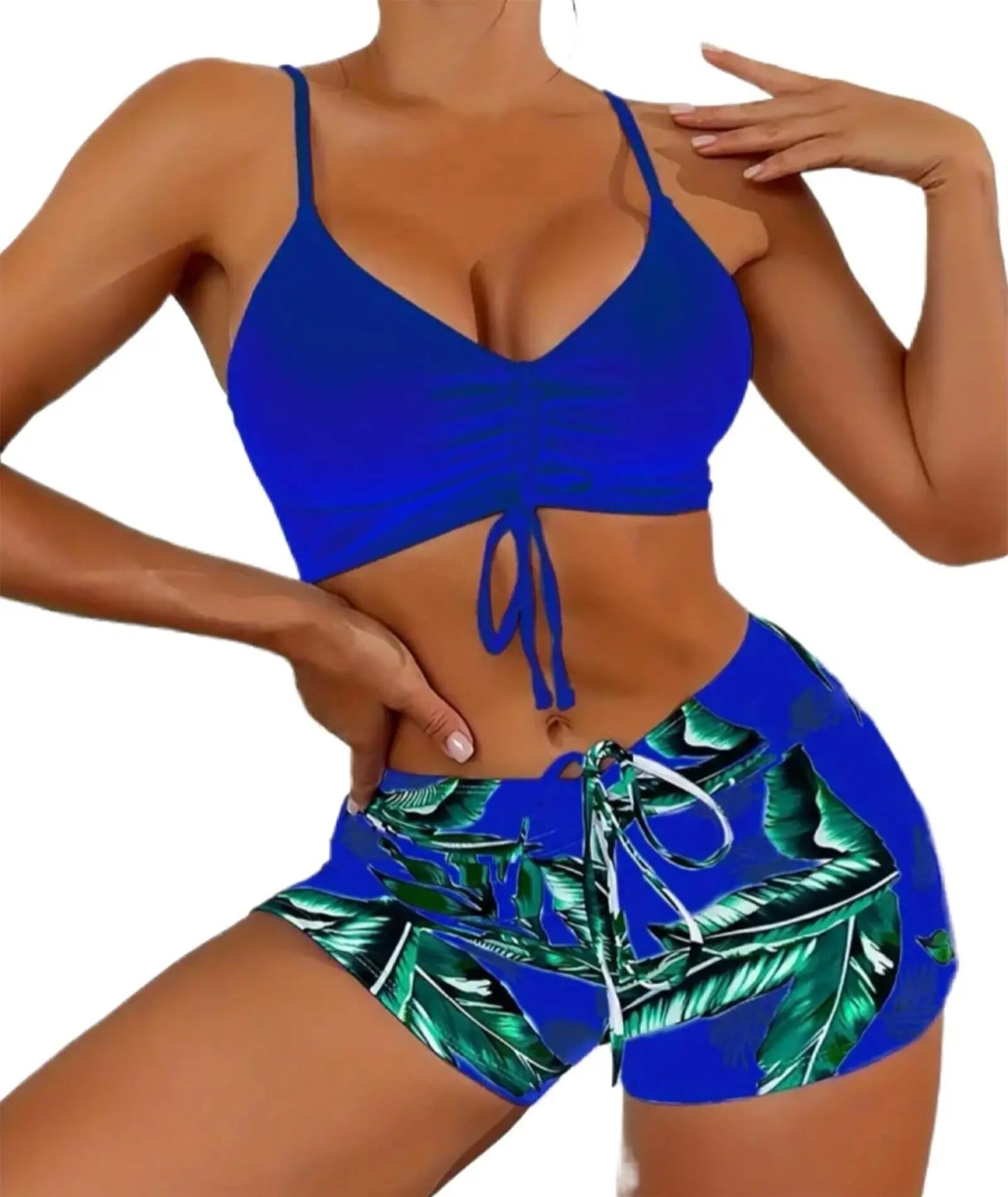 High Waisted Bikini Set for Women Two Piece Swimsuit Tummy Control Ruffle Top & Shorts Swimwear Beach Vacation Bathing Suit