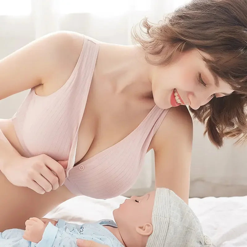 Pregnant Nursing Bra Cotton Wirefree Breastfeeding Bra Women Seamless Maternity Plus Size Underwear Front Buckle Open Cup Bras