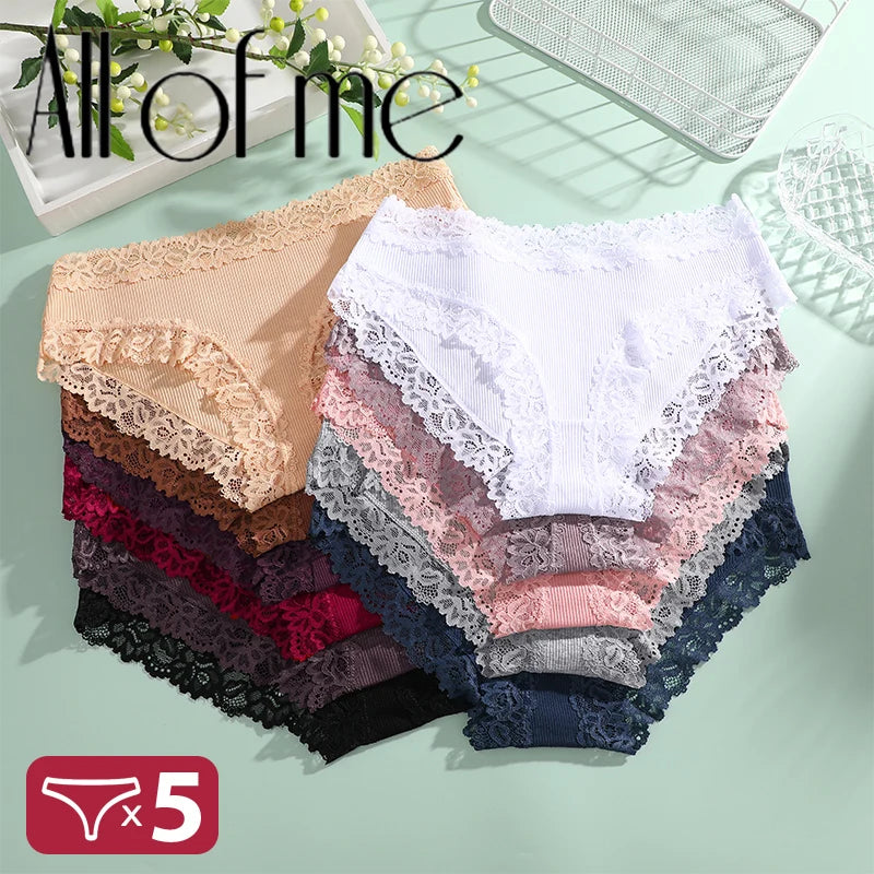 5PCS/Set Sexy Lace Cotton Panties for Women Flroal Lace Seamless Briefs Low Rise Lingerie Female Breathable Soft Underwear S-XL