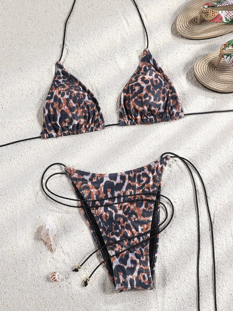 Miyouj 2025 Bikini String Swimsuit Sexy Female Bathsuit Women Swimwear High Cut Bathwear Bandage Biquini Leopard Two Pieces Suit