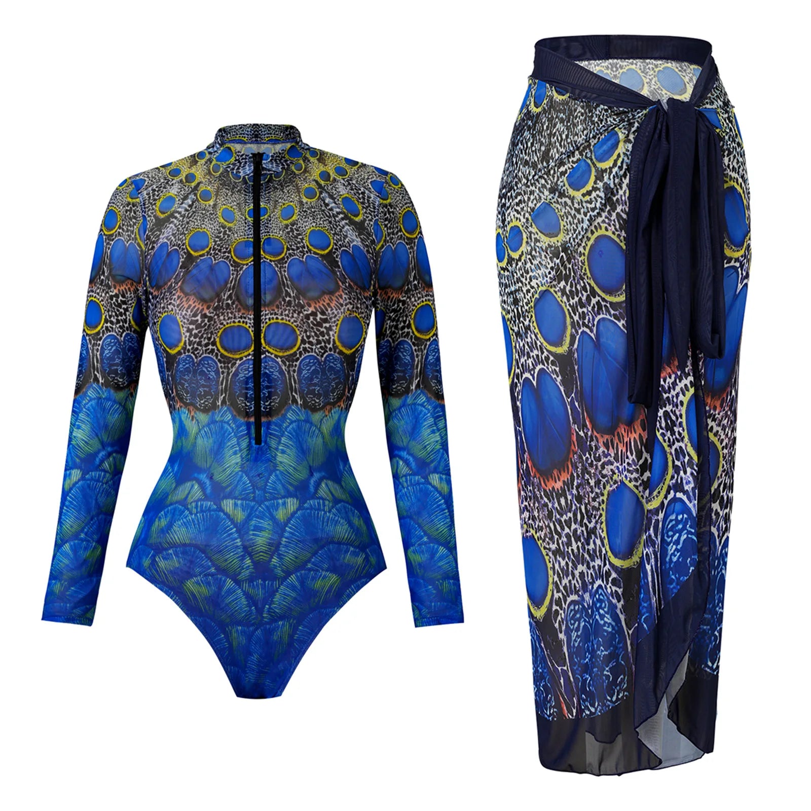 Vintage Mesh Print Swimming Suit for Women Long Sleeve High Waist One Piece Swimsuit 2025 Beach Bathing Suit Купальник
