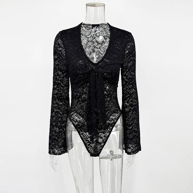 Tornova Lace Long Sleeve Sexy Bodysuits Women's Fashion Lace-Up V-Neck Twist Splice Sheer Jumpsuit Summer Party Female Bodysuits