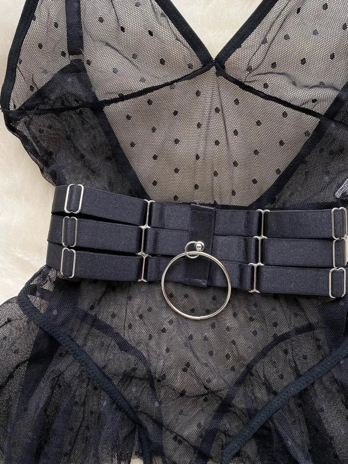 ssTss Ins trendy Girl Sexy Mesh Bottom Strap V-neck one-piece Top bodysuit women's Slimming Waist Ruffle Hemp Vest Jumpsuit