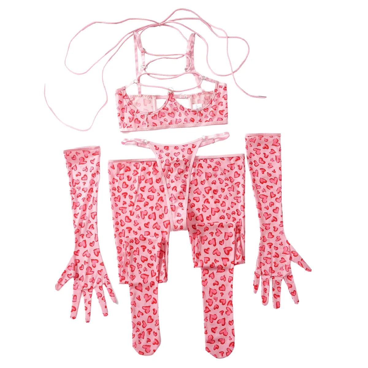 Cute Pink Leopard Print Bra Brief Set Women Hollow Out Lace Up Bandage Cross Underwire Garters Thongs Glove Costume Intimate Set
