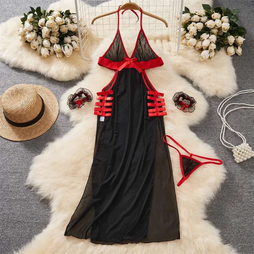 Women Strap Hollow Out Backless French Style Striped Erotic Playsuits Cosplay Slim Fit Underwear Black Lingerie Sexy Bodysuits
