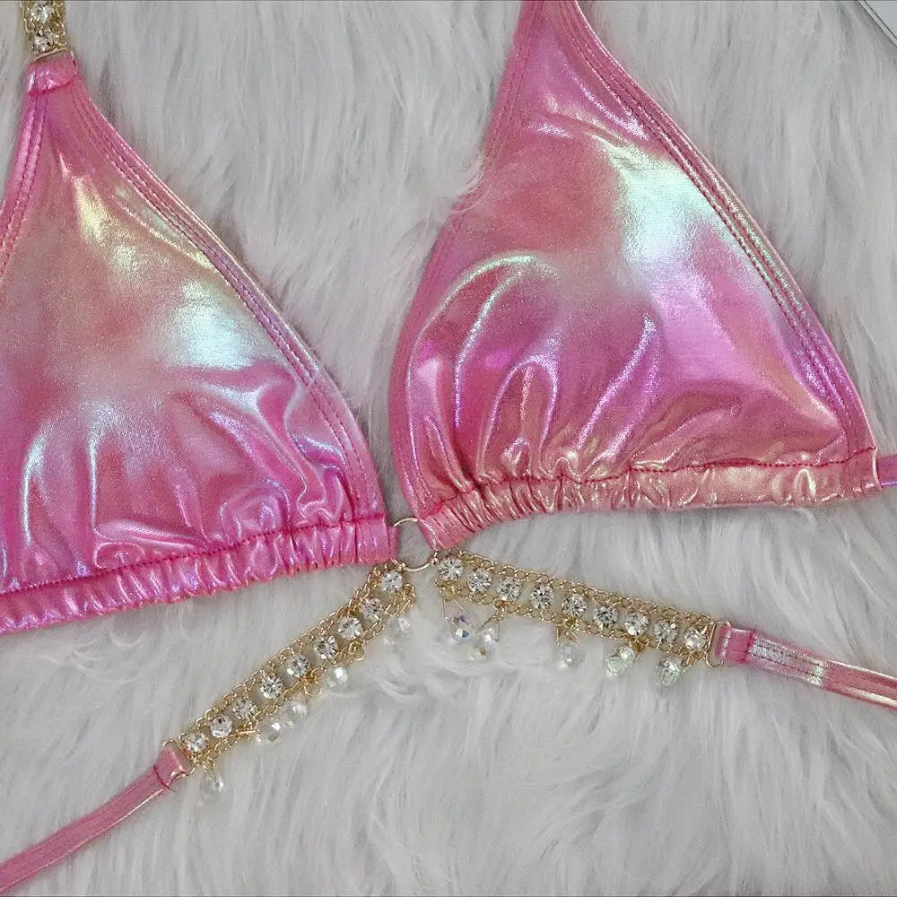 Sexy Halter Shiny Diamond Bikini Women Swimwear Female Swimsuit Laser Metallic Bikini Set Brazilian Bathing Suit Swim Beach Wear