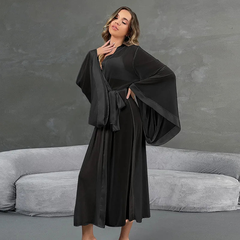 Female Sheer Shapewear Robes Fashion Long Sleeve Thin Lingerie Women Lace Up Long Sexy Mesh Robes