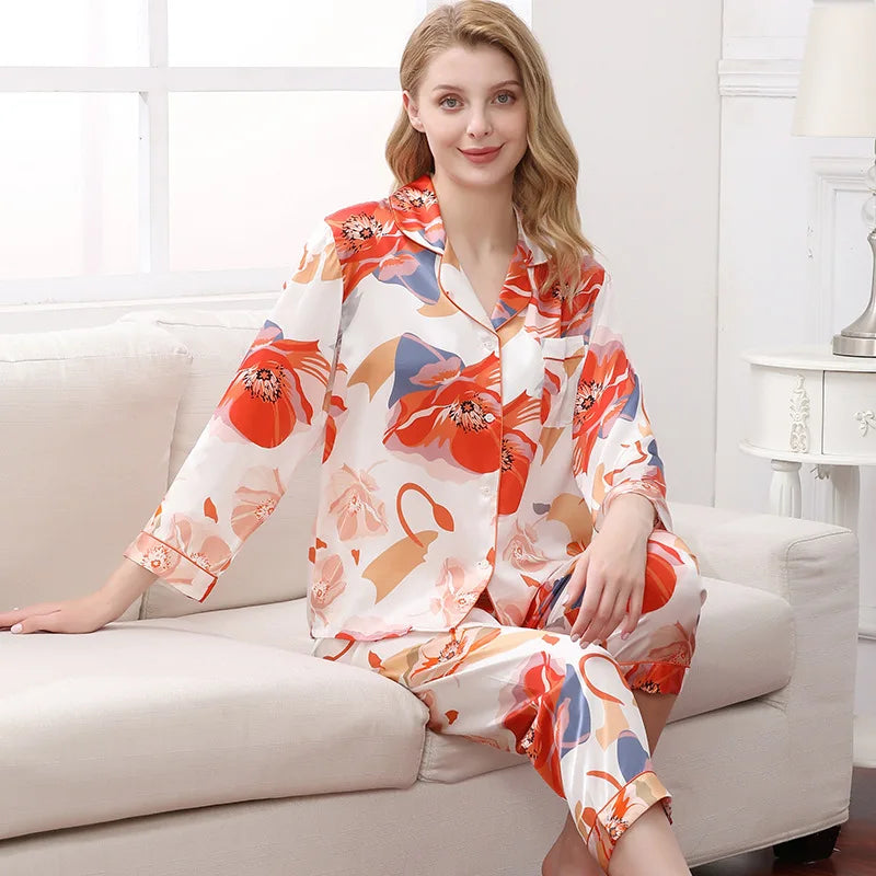 Birdtree Fall 16MM 100%Real Silk Pajama Set Women Satin Print Pyjama Pj Suit Long Sleeve Bedroom Sleepwear Set P36637QC