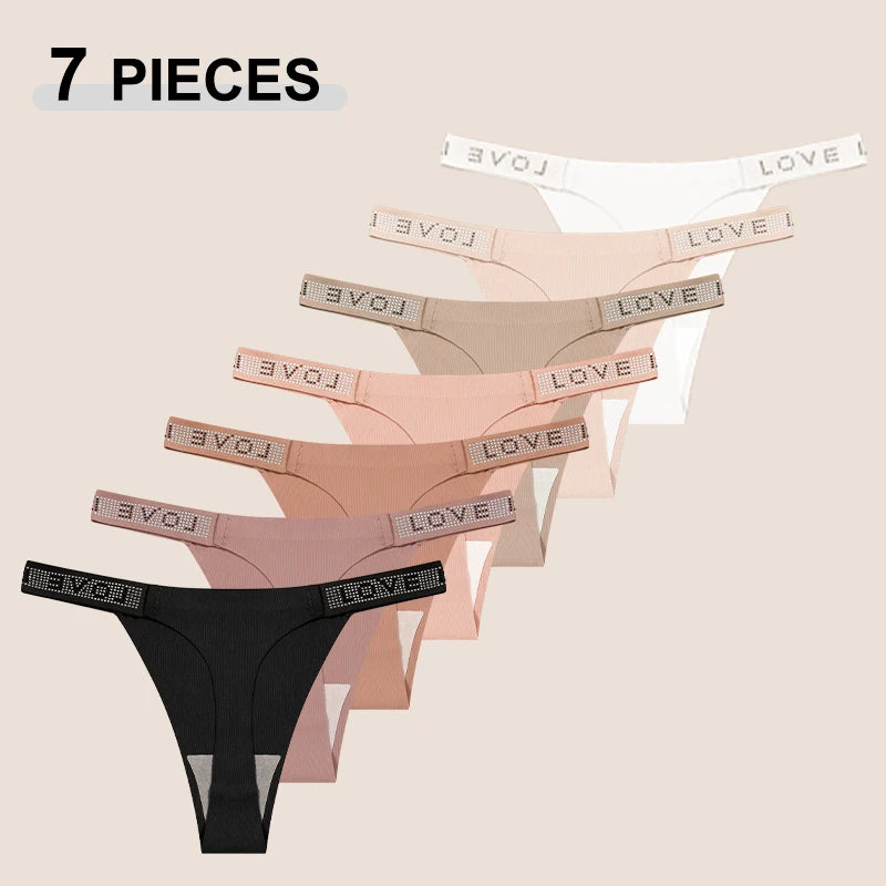 7Pcs/Set Printed Leopard Crystal Letter Thongs For Women Fashion Low Waist Soft Breathable Underpants Female Traceless G-string