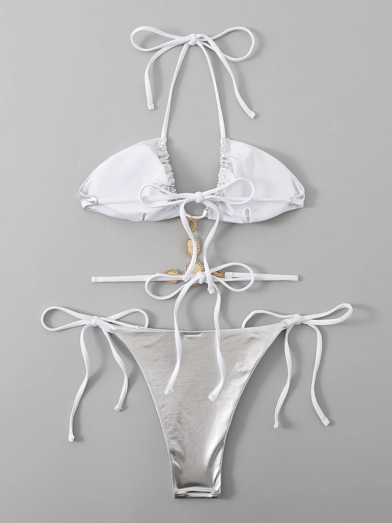 sexy metallic silver halter tie bikinis sets two pieces women thong bandage swimsuit female bathing suit swimwear biquini